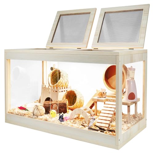 Prolee Hamster-Habitat, 61 cm, Holz, Mäuse- und Ratten-Lebensraum, Hamsterkäfig mit zu öffnender Netzoberfläche, transparentes Acryl, massiv gebaut mit Schloss-Design, Eiche, 61 cm