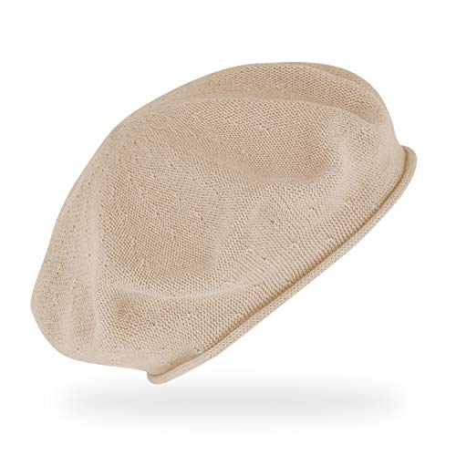 fiebig Feinstrickbaske mit Rollrand | Barett in OneSize aus Baumwolle | Leichte Wollbaske in vielen Farben (One Size, Beige)