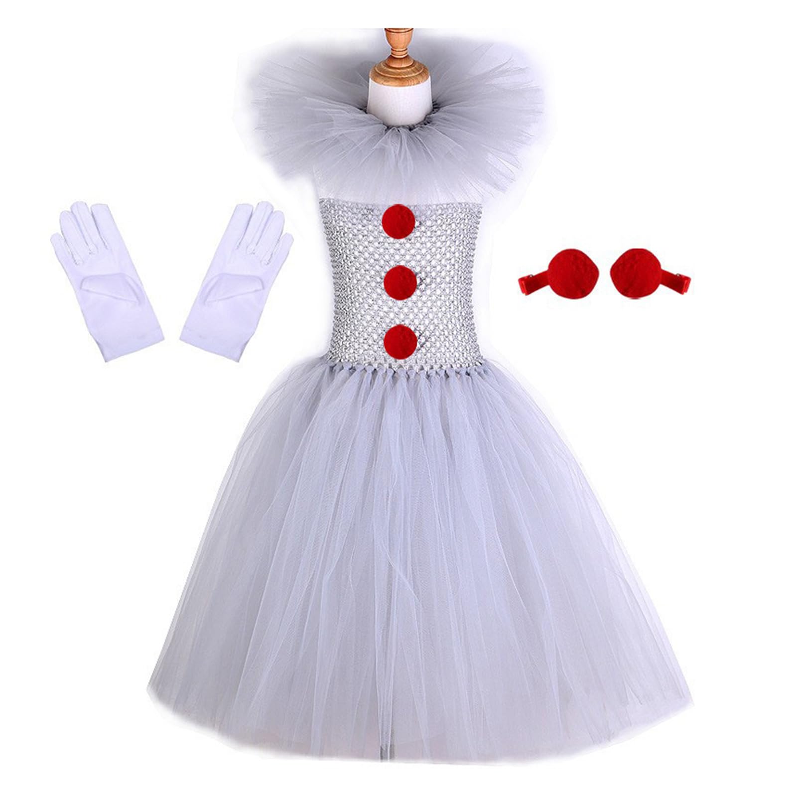 Avejjbaey 3-teiliges Clown Kostüm Halloween Cosplay Kostüm Mädchen Clown Kostüm Haarnadel Set Mädchen