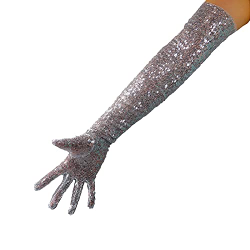 DooWay Damen-Handschuhe, superlang, glänzend, transparent, Silber, Weiß, Netzstoff, glitzernd, Pailletten, Ball, Abendtanzhandschuhe, Silberfarbene Pailletten, 85