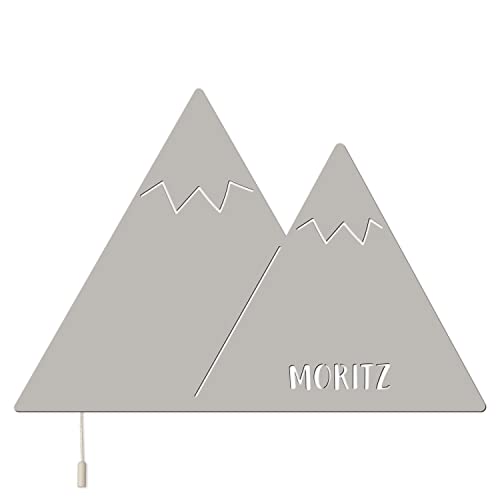 Kekskrone Schlummerlicht Personalisiert - Adventure: Berge - LED Nachtlicht Baby & Kinder - Geschenk zur Geburt & Taufe | Grau