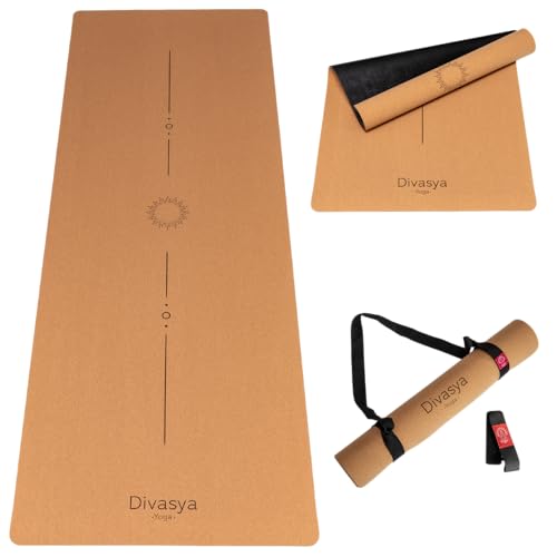 DIVASYA Premium Yogamatte Kork rutschfest: aus Naturkautschuk rutschfest & Kork, natürlich & nachhaltig, großzügige Maße (183x66x0,4cm), Yoga Matte Kork rutschfest, Tragegurt, schadstofffrei