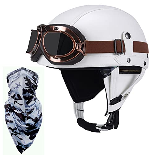 Jet-Helm Herren Retro Cruiser Bike Motorrad-Helm Mit Schutz-Brille Gesichtstuch, Erwachsene Jethelm Vintage Handgefertigte Leder Scooter-Helm Roller Motocrosshelm ECE-Zulassung