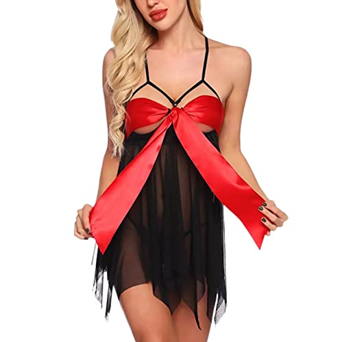 Damen Reizwäsche Teddy Unterwäsche Sexy Damen Mesh Sling Bow Pyjamas Schwarz S