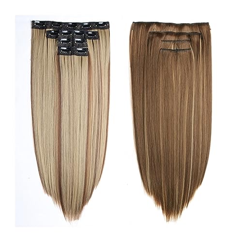 Clip-in-Haarverlängerungen Haarverlängerung, gerade, Clip-in-Haarverlängerung, gerade, 55,9 cm lang, synthetisch, natürlich, schwarz, braun, dick, for Anklipsen, Haarteil for Frauen, 4 Stück Clip-in-H