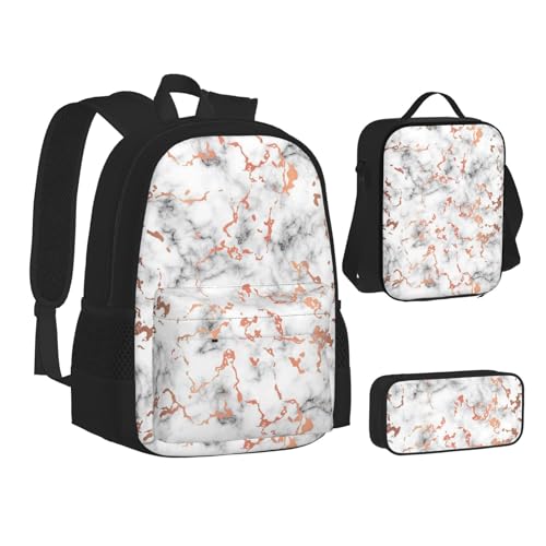 WURTON Teen-Rucksack mit Marmor-Textur, Kupferspritzer-Druck, 3-in-1 (Federmäppchen + Schultasche + Lunchtasche)