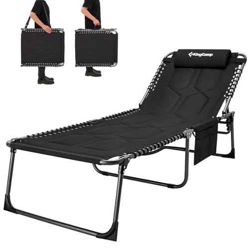 KingCamp übergroß Campingliege Sonnenliege Dreibeinliege mit Kopfkissen und Seitentasche bis 150 kg belastbar, gepolstert für Super Komfort, 4-Fach verstellbar, 200 x 68 cm (L x B) Schwarz