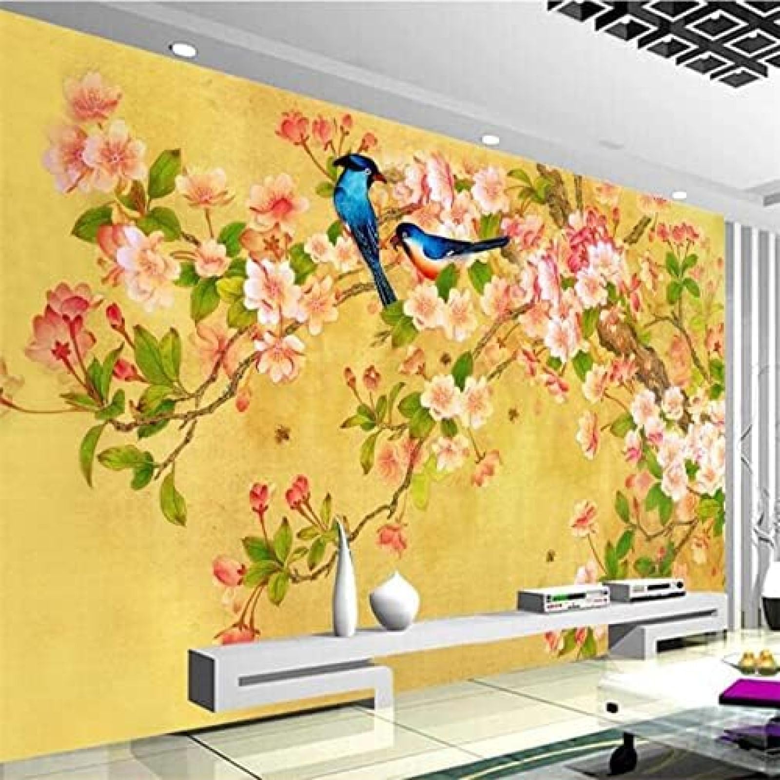 XLMING Elster Blume Vogel Weinlese-Kirschblüte 3D Tapete Wohnzimmer Sofa Schlafzimmer Esszimmer Home Dekoration Wand-200cm×140cm