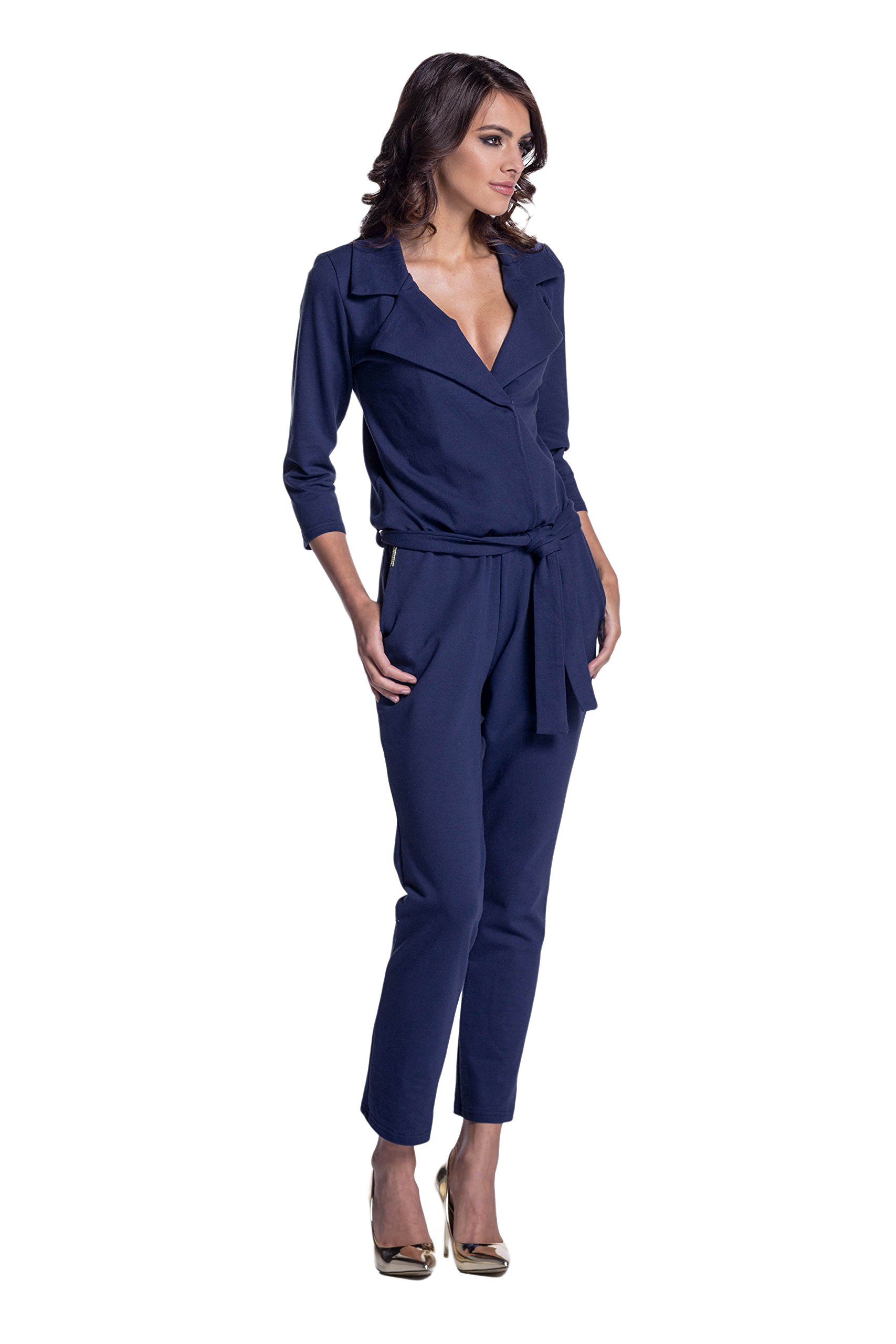 Lemoniade eleganter Jumpsuit mit 3/4-Ärmel, elegantem Kragen und ausgefallener Schnürung an der Hüfte (S (36), Modell 2 Navy)