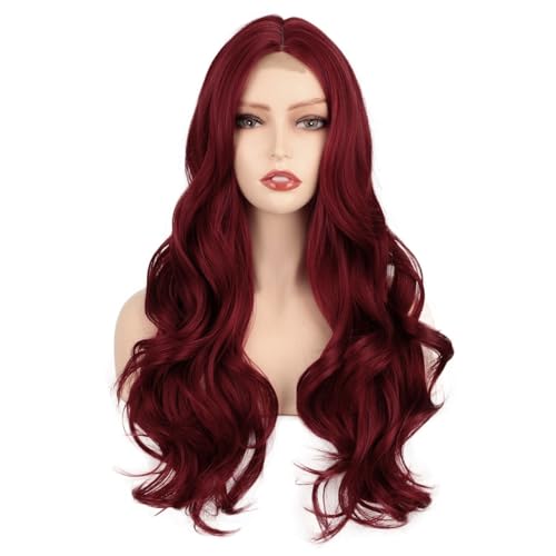 Perücke für Frauen Perückenkappen Lace-Front-Perücken for Frauen, lang, weinrot, Lace-Front-Perücke for Frauen, Mittelscheitel, lange, gewellte Echthaarperücke mit Lace-Front Human Hair Wig