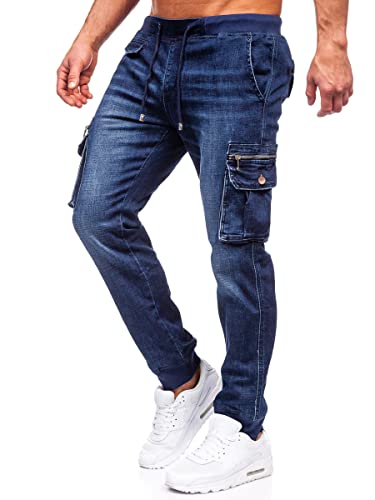 BOLF Herren Jeans Jogger Cargohose Denim Style Sweathose Jogg Used Look Jeanspants Destroyed Freizeit Casual Style Slim Fit Narrow Leg MP0108BS Dunkelblau S [6F6]