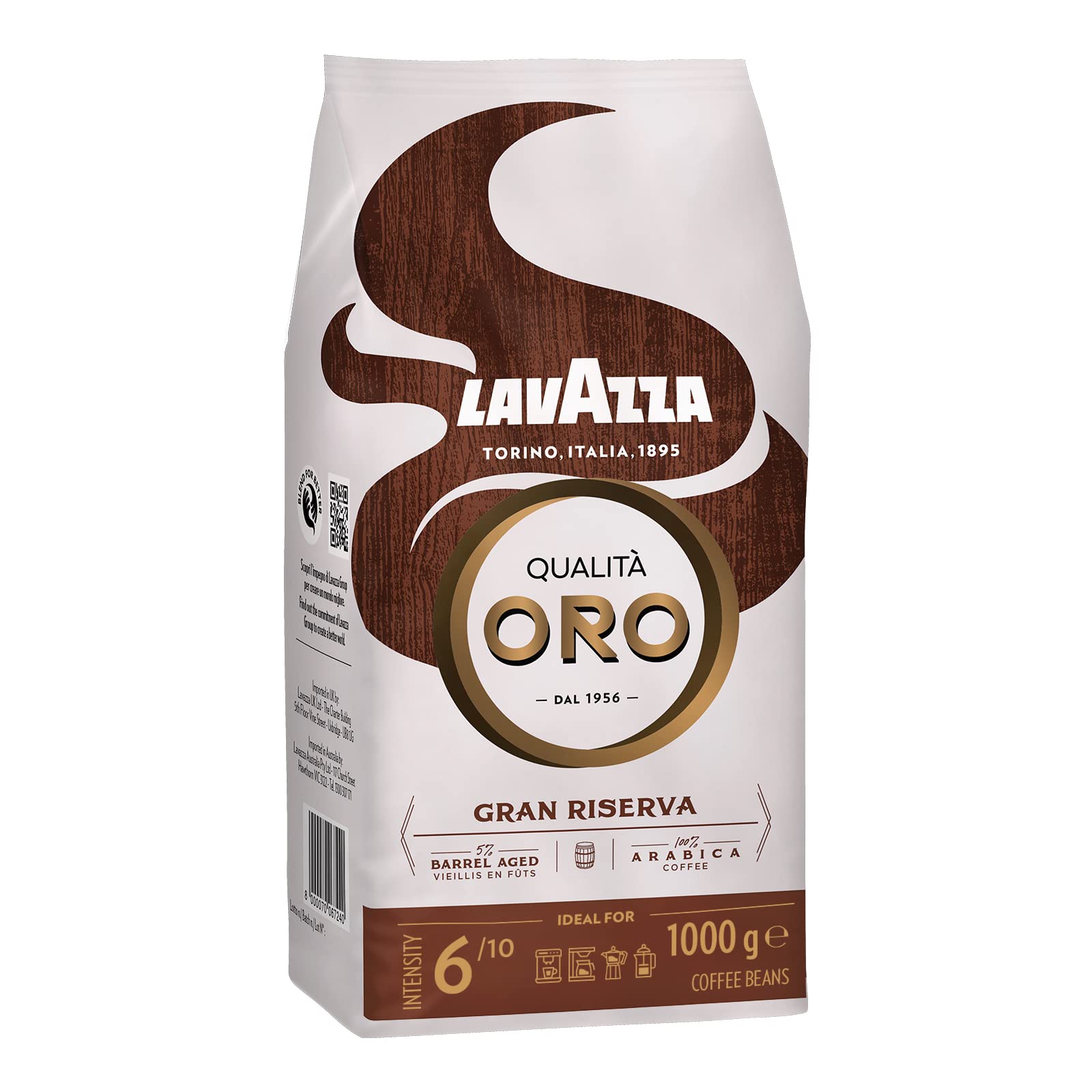 Lavazza, Qualità Oro Gran Riserva, Kaffeebohnen, ideal für Espresso, angenehm süß, 100% Arabica-Bohnen und 5% in Whiskeyfässern gelagerte Bohnen, Mittlere Intensität 6/10, helle Röstung, 1 kg