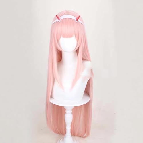 WCCNKK DARLING in The FRANXX Zero Two Rosa Langes Glattes Haar Mit Haarschmuck, Hitzebeständiges Haar, Cosplay-Perücke + Kostenlose Perückenkappe, Halloween-Dekorationszubehör, Anime-Geschenk