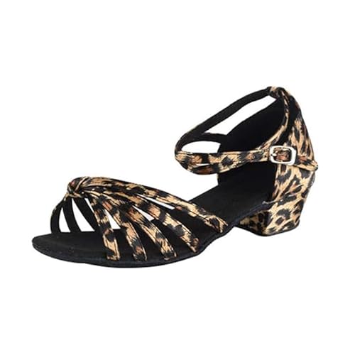 Damen Kinder Tanzschuhe Latein Tanzschuhe mit flachem Absatz und weicher Sohle Standard Samba ChaCha Modern Jazz Absatz 3 cm Wildleder Sohle, Leopard, 39 EU