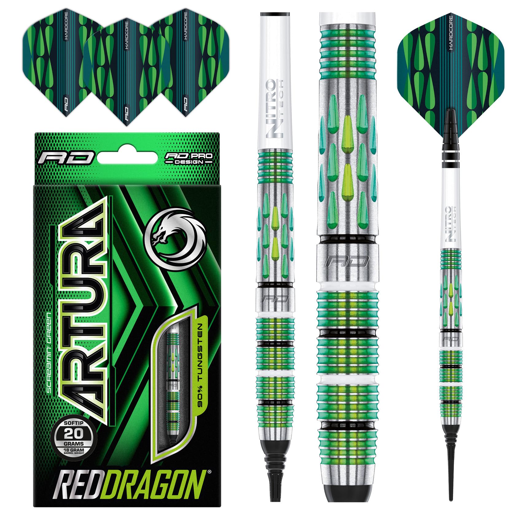 RED DRAGON Artura Screamin' Grün 18 Gramm Softip Premium Tungsten Darts Set mit Flights und Stielen