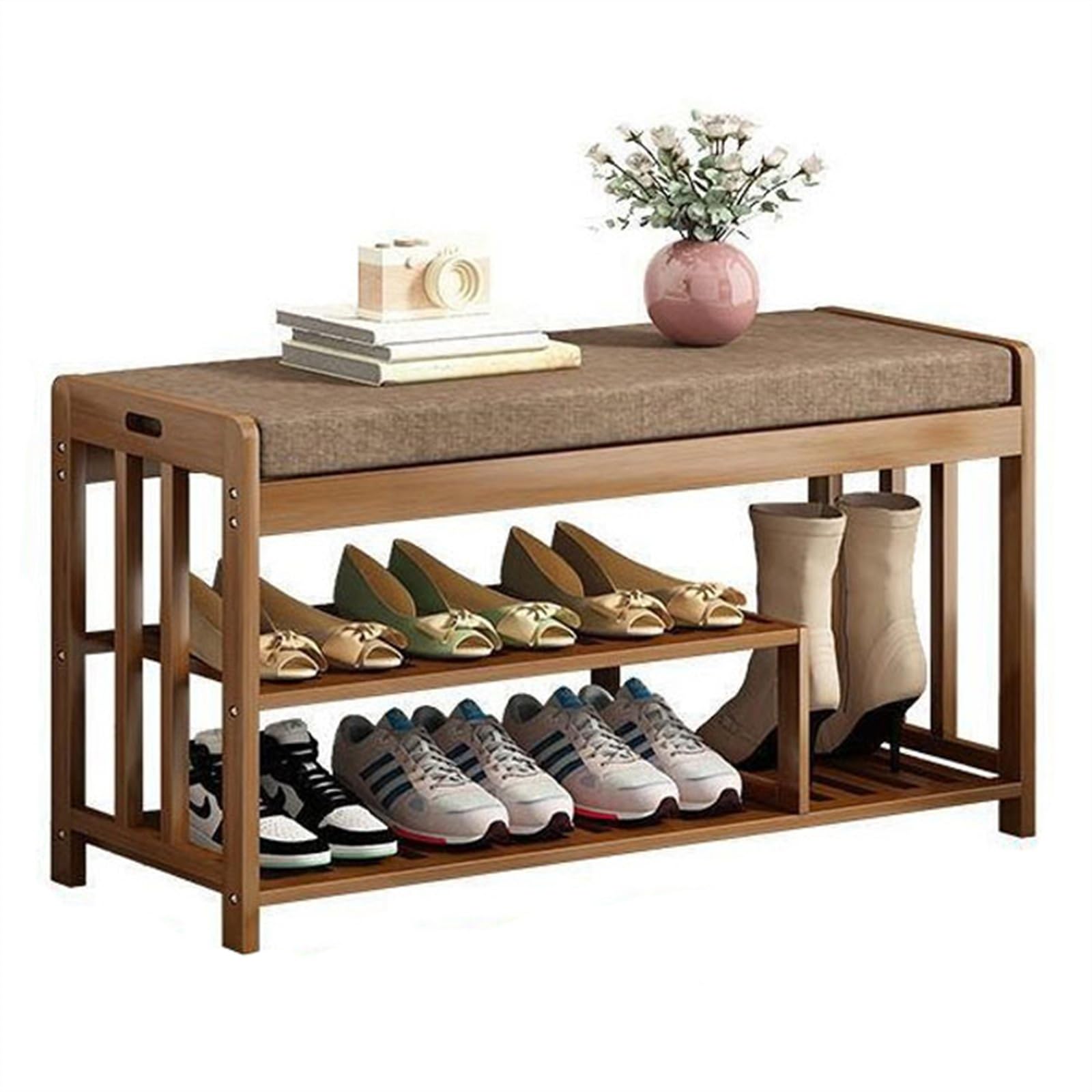 Platzsparender Schuhschrank Schuhbank, braunes Schuh-Organizer-Regal mit offenem Stauraum und mit Leinen gepolstertem Sitz, for Eingangsbereich, Flur, Wohnzimmer, Schlafzimmer Schuhaufbewahrung