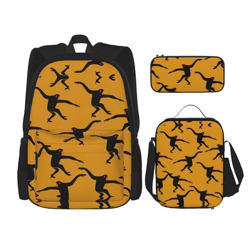 WURTON Schulrucksack-Set mit Gibbon-Affen-Motiv, 3-in-1, Büchertasche, Set mit Lunchbox, Federmäppchen, Reise, Laptop, Tagesrucksack, Schwarz