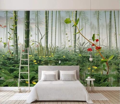 Teich Grünpflanzen Rote Blumen Bambus 3D Tapete Poster Restaurant Schlafzimmer Wohnzimmer Sofa TV Dekorative Wand-430cm×300cm