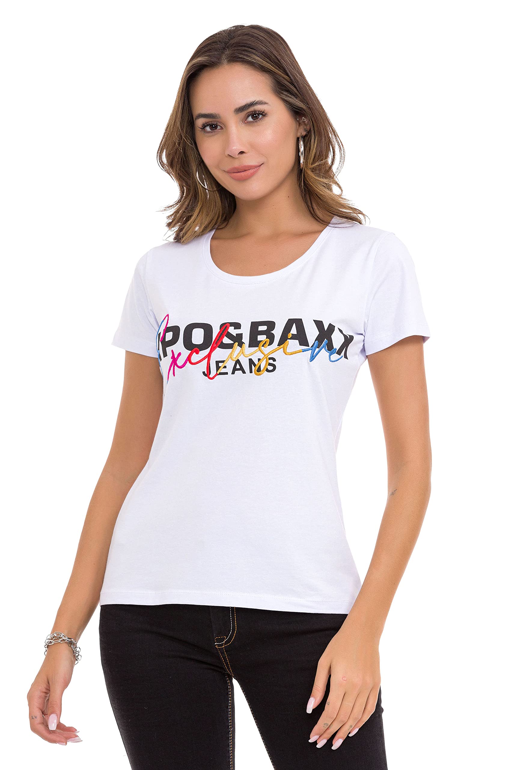 Cipo & Baxx Damen T-Shirt Stickerei Tops Shirt Kurzarm Baumwolle WT370 Weiß S