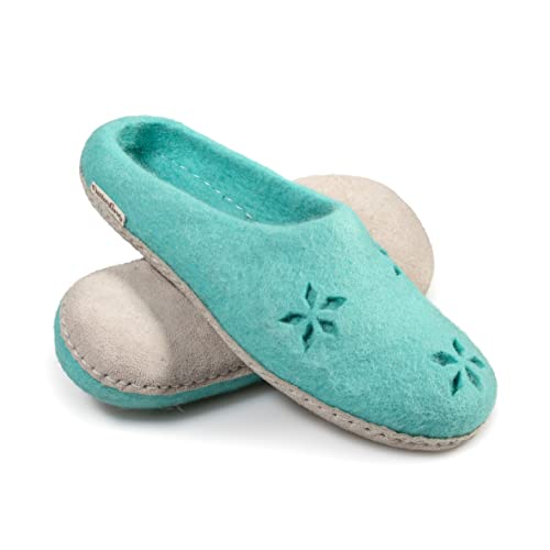 naturling Damen Filz Hausschuhe BLUMEN mit Leder Sohle - Bequeme Filz Slipper für schmale Füße (Mint, numeric_38)