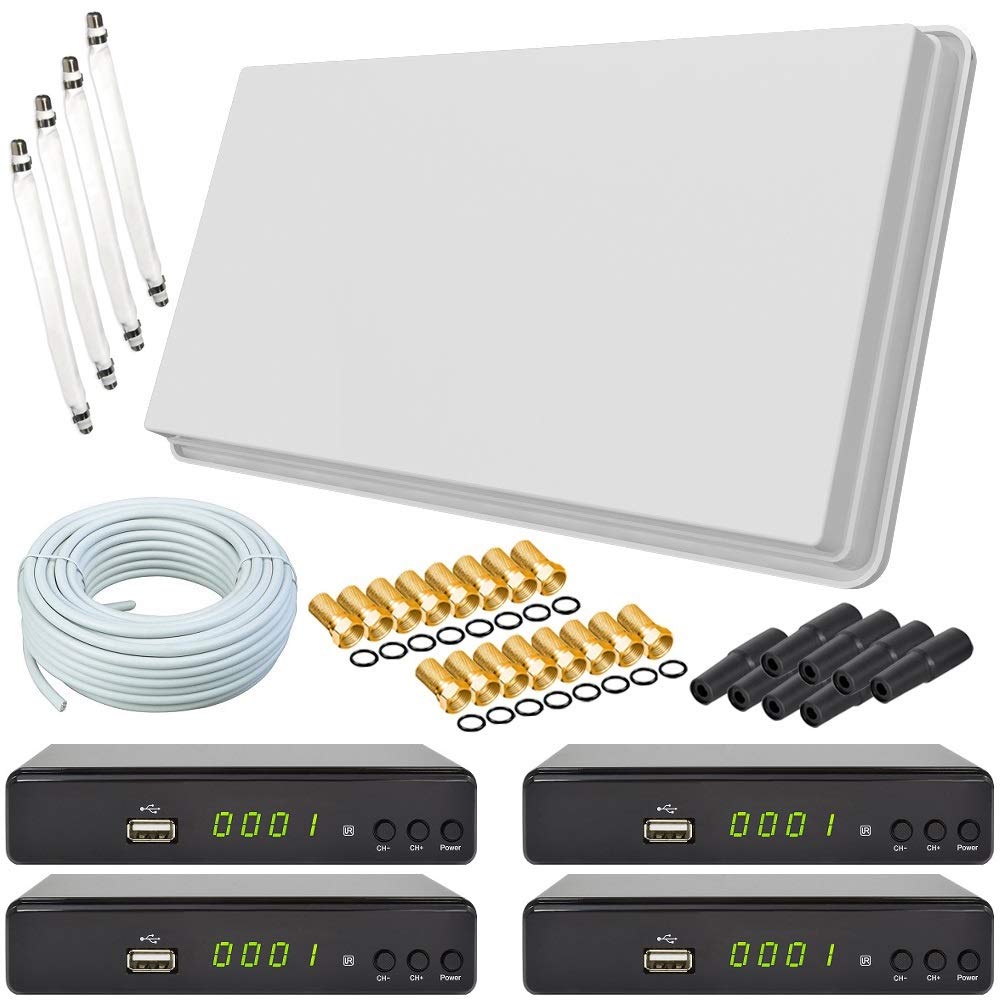 netshop 25 Selfsat H30D4+ Flachantenne Quad mit Fensterhalterung + 4 HD Receiver + 50m Kabel Anschluss SET (4 Fensterdurchführung + 16 F-Stecker + 8 Wetterschutztüllen) Anlage für 4 Teilnehmer