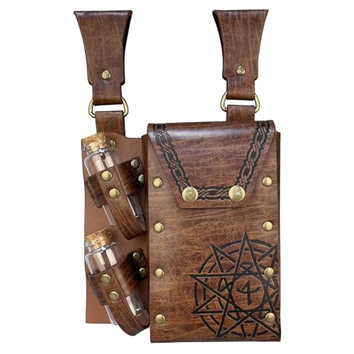 HiiFeuer Mittelalterliche Alchemie Kunstleder Gürteltasche mit 2 Kork Zaubertrank Fläschchen, Fantasy Wizard Hüfttasche Side Pack für Halloween (Hellbraun B)