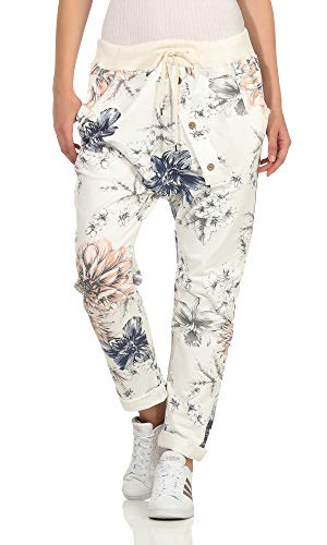 Mississhop 326 Damen Hose Cargohose Blumen Sweatpants Jogginghose Baumwolle Freizeithose Boyfriend Baggy Blumenprint mit Gummibund Creme-Weiß