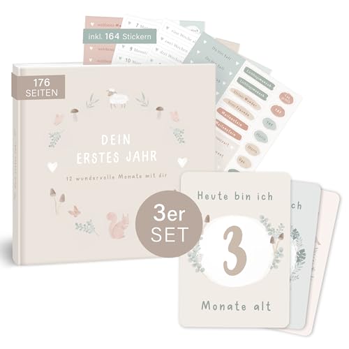 mintkind® Baby Geschenkset "Mein erstes Jahr" Baby Tagebuch + Meilensteinkarten Baby Wald I Erinnerungsbox Baby I Fotoalbum zum selbstgestalten I Baby Geschenk Junge & Mädchen