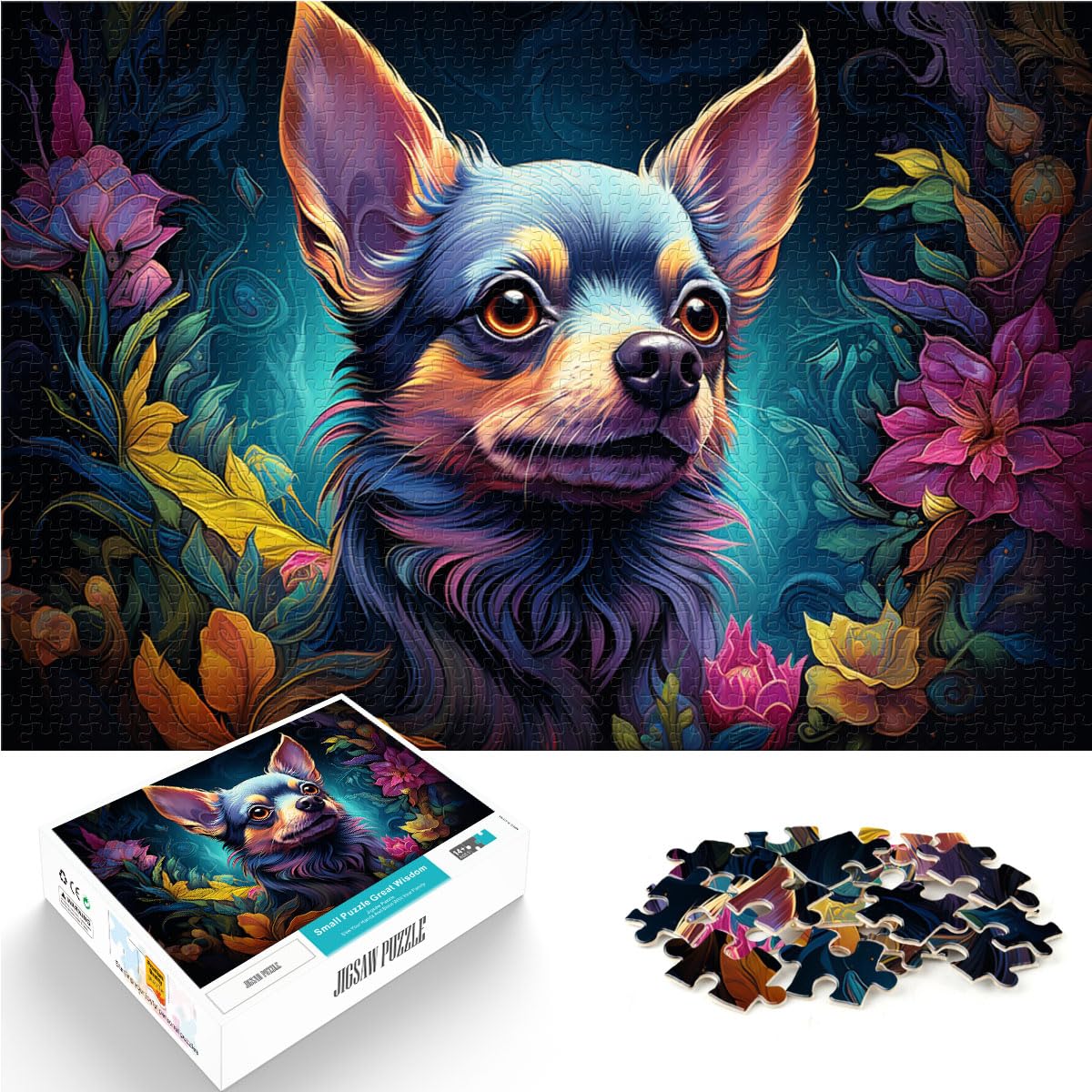 Puzzle | Puzzles Bunter Psychedelischer Chihuahua-Hund 1000 Teile für Erwachsene Schwierige Puzzles Holzpuzzle Denkspiel 1000 Teile (50 x 75 cm)