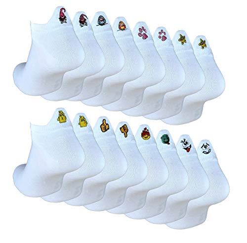 cocain 8 Paar Sneaker Socken Füsslinge Damen Fun Söckchen Fersenmotive Gr. 39-42 Blickfang bunte weiße witzige Strümpfe Geschenk Einheitsgröße Cartoon Socken Knöchelsocken Stickerei Emoji Stickereien