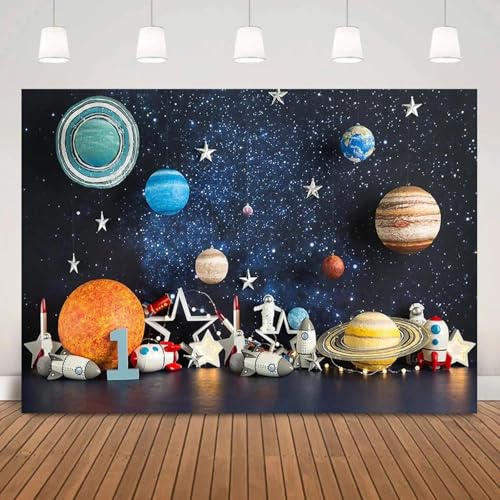 Kleiner Astronaut Geburtstag Kuchen Smash Hintergrund für Fotografie Planet Kosmisches Abenteuer Kinder 1. Geburtstag Porträt Hintergrund 300x200cm