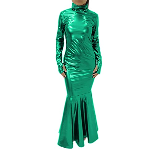 PVC-Kleid mit Rollkragen, Kunstlatex-Kleid, Rüschenrand, lange Ärmel mit Fäustlingen, Party, Nachtclub, Hellgrün, L