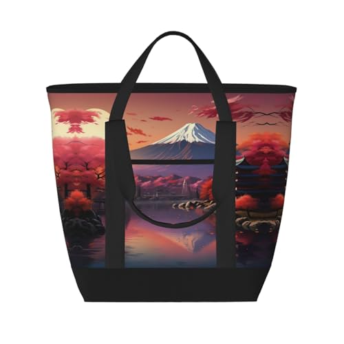 YQxwJL Isolierte Kühltasche mit japanischem Fuji-Landschaftsdruck, großes Fassungsvermögen, Einkaufstasche, Reisen, Strand, wiederverwendbare Einkaufstasche für Erwachsene, Schwarz, Einheitsgröße