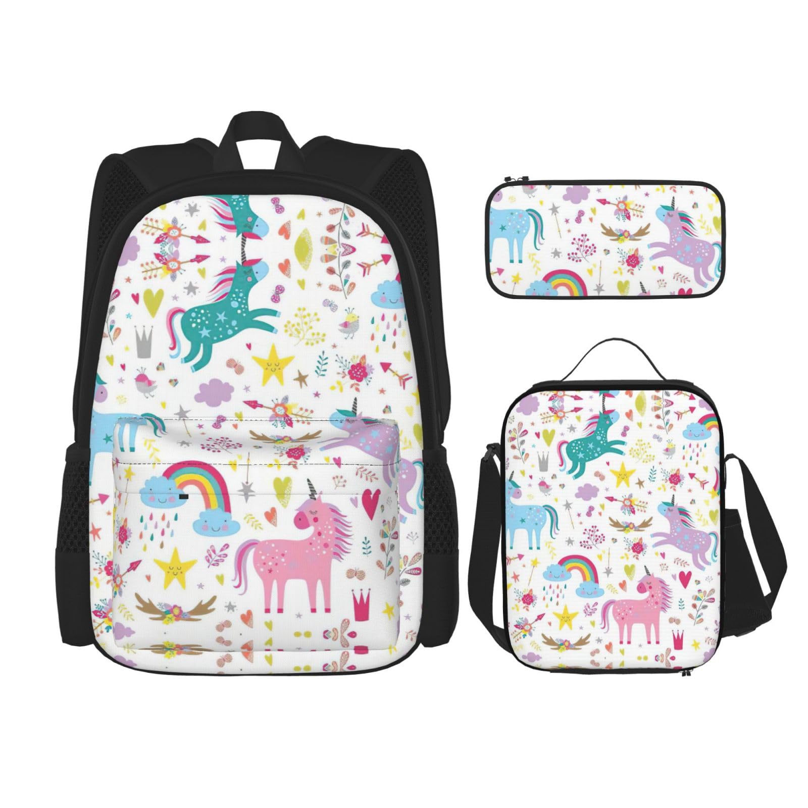 WURTON Rucksack mit Einhörnern, rosa Druck, für Mädchen, Jungen, Schultaschen, Teenager, Lunchbox und Federmäppchen, 3-in-1-Büchertaschen-Set