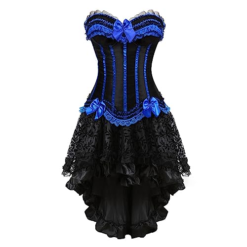 Zweiteilig Damen Mittelalter Rock Set Steampunk Gothic Rock und Korsett 2PCs Vintage Viktorianisch Renaissance Spitzen Tutu Rock Halloween Karneval Kostüm Palast Gotischer Punk Party Outfit