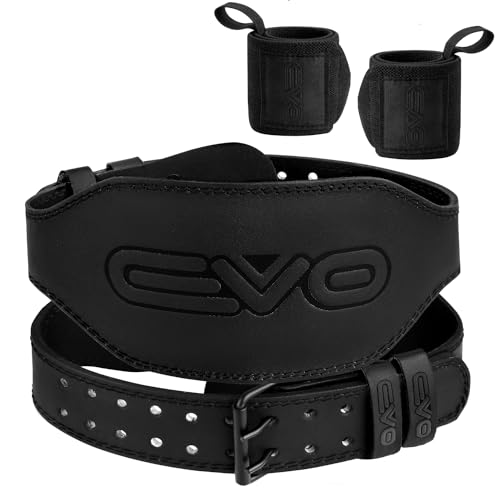 EVO Fitness Gewichthebergürtel mit 45,7 cm Handgelenkriemen, aus Rindsleder, gepolstert, Lendenwirbelstütze, Powerlifting, Bodybuilding, (Schwarz 6", XL)