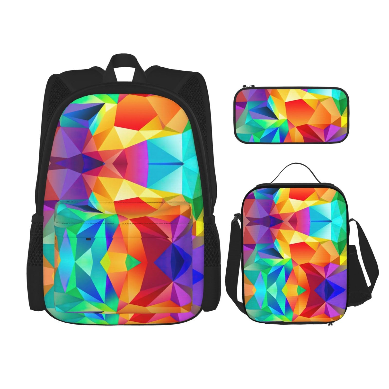 WURTON Lunchbox mit Regenbogen-geometrischem Druck, Federmäppchen, Rucksack-Set, 3-teilig, verstellbare Riemen, langlebig, leicht, Schwarz, One Size