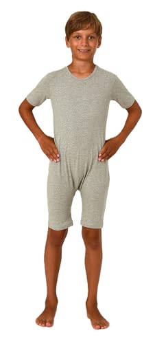 Normann Care Kinder Pyjama Pflegebody Kurzarm - Unisex - mit Beinreissverschluss, Farbe:grau, Größe:152