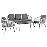 Outsunny Polyrattan Gartenmöbel Set 4-teiliges Rattensofa-Set Sitzgruppe Sitzgarnitur für Pause Lounge Teetisch mit Sofa Kissen Aluminium Grau