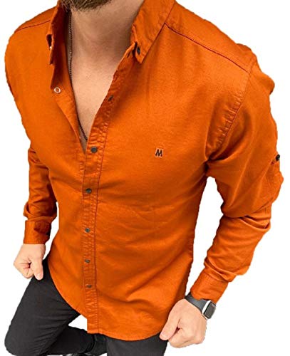 Megaman Langarmhemd Herren Designer Premium Hemd Slim-Fit Business Hochzeit Shirt Hemden Größe S Orange