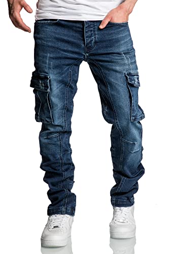 Amaci&Sons Herren Cargo Jeans Regular Slim Denim Hose Destroyed 7977 Dunkelblau W31/L32