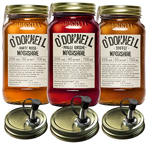 O'Donnell Moonshine Geschenkset | Geschenkbox | Premium Likör nach amerikanischer Tradition | 3 x 700ml | Natürliche Zutaten | Vegan | mit Ausgießer (Pralle Kirsche/Harte Nuss/Toffee)