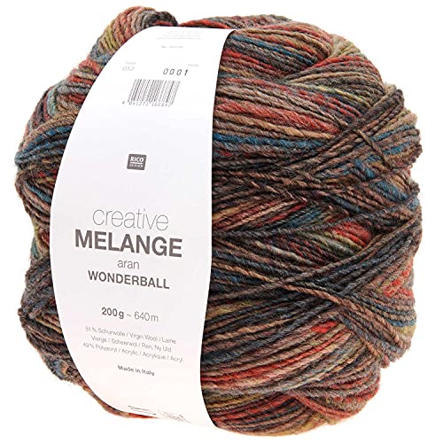 Rico Creative Melange Aran Wonderball Fabe 13, Farbverlaufswolle Nadelstärke 5 mm zum Stricken oder Häkeln, Wolle 200g Knäuel