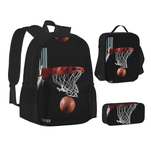 WURTON Lunchbox-Set mit Basketball-Druck, 3-in-1-Büchertasche und Federmäppchen, passende Kombination