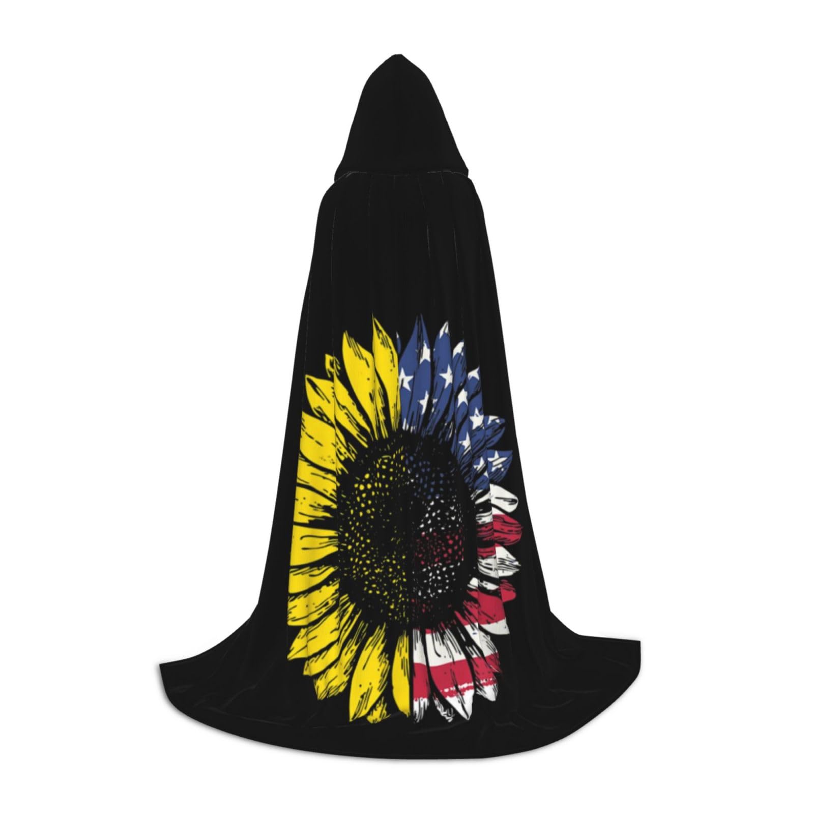 WURTON Sonnenblumen-Umhang mit amerikanischer Flagge, Halloween-Kapuzenumhang, Unisex, Gothic-Umhang für Cosplay-Festlichkeiten