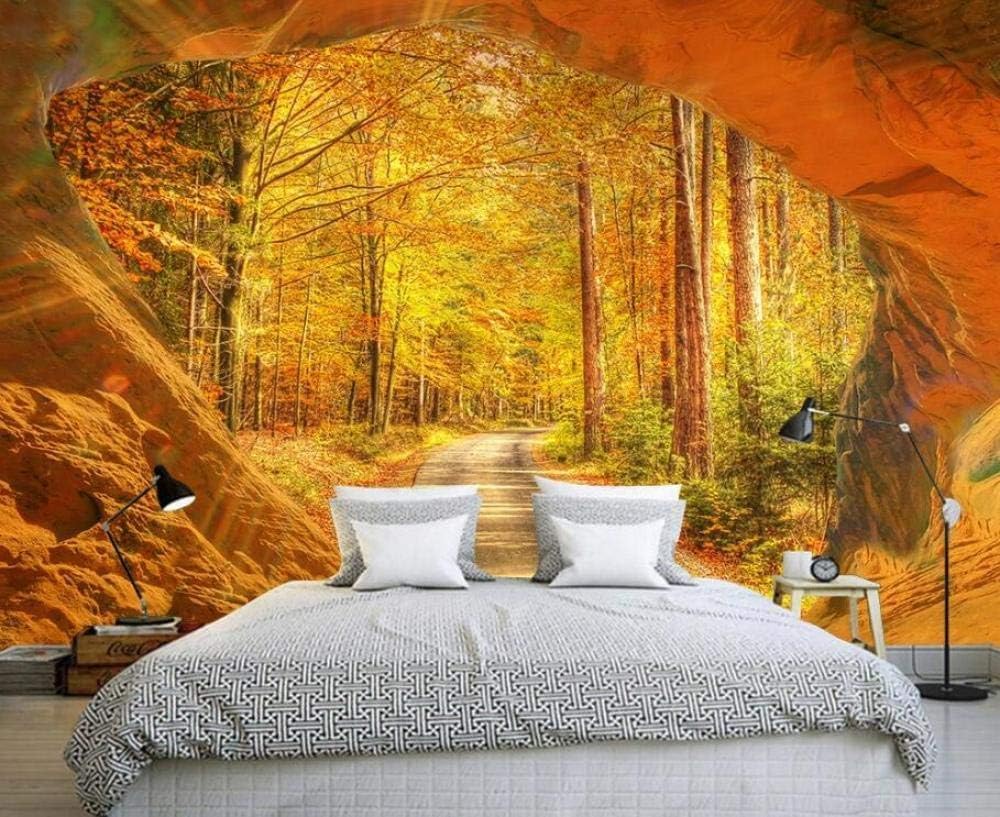 Höhlensteinmauern Goldene Herbstwaldpfade 3D Tapete Poster Restaurant Schlafzimmer Wohnzimmer Sofa TV Dekorative Wand-200cm×140cm