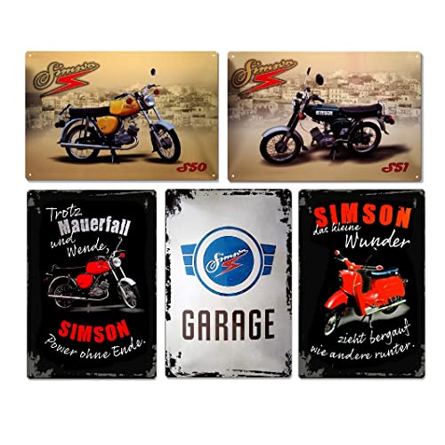 5er Set - Simson DDR Retro Blechschild 20x30cm - Motorrad Auto Garage Motoröl - Metallschild Wandschild Wanddekoration - Nostalgie Schild Deko Geschenk