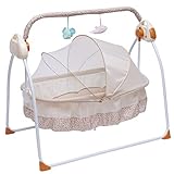 PIOJNYEN Babyschaukel Elektrisch Baby Swing Schaukelwippe Babywiege, Spielt 12 Melodien, 180° Drehbar, 3 Schaukelrichtungen und 3-Geschwindigkeiten(Khaki)