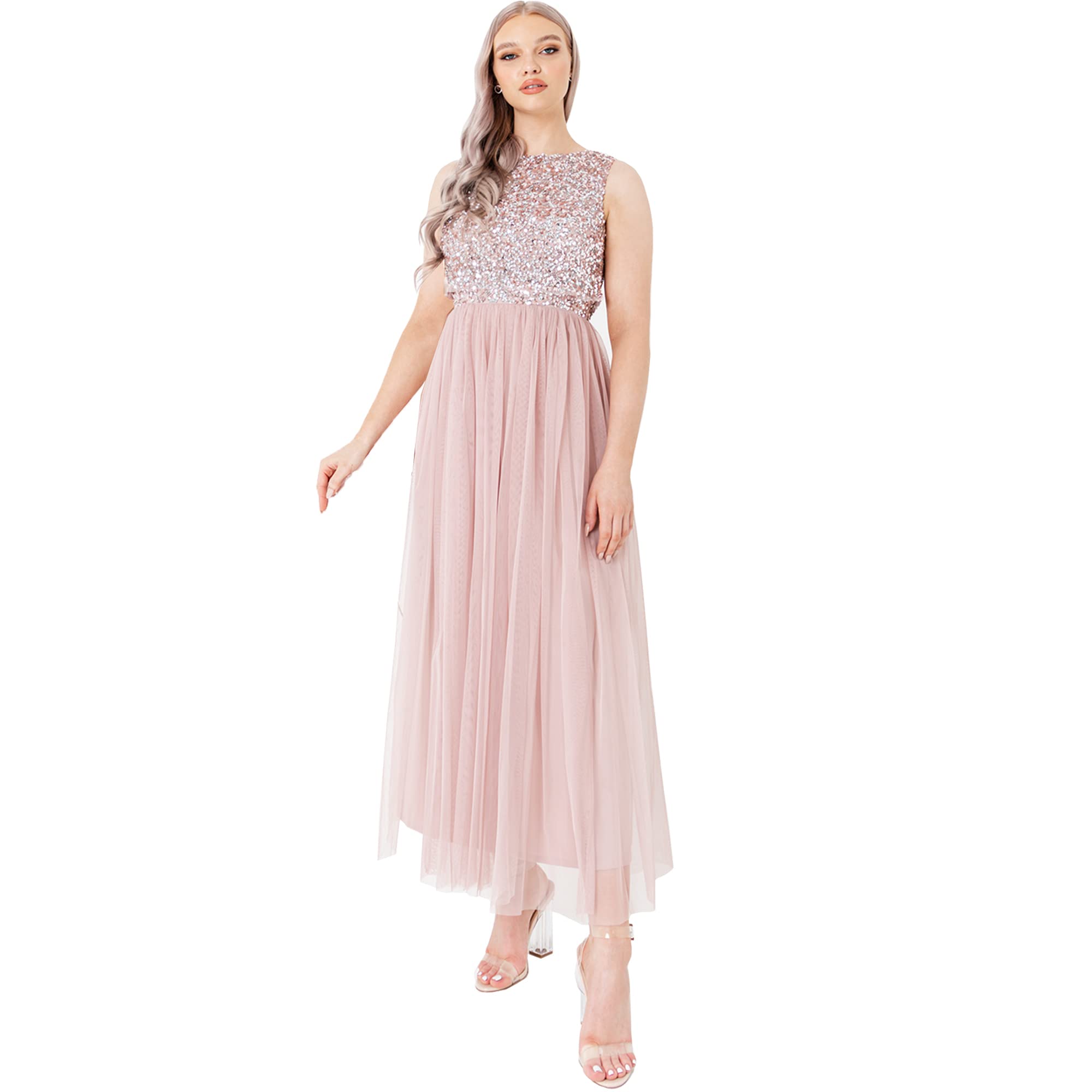 Maya Deluxe Vrouwen Midaxi Jurk Dames Mouwloze Pailletten Hoge Empire Taille Tule Versierd voor Bruiloft Gast Bal Bruidsmeisje, Bessen, 50