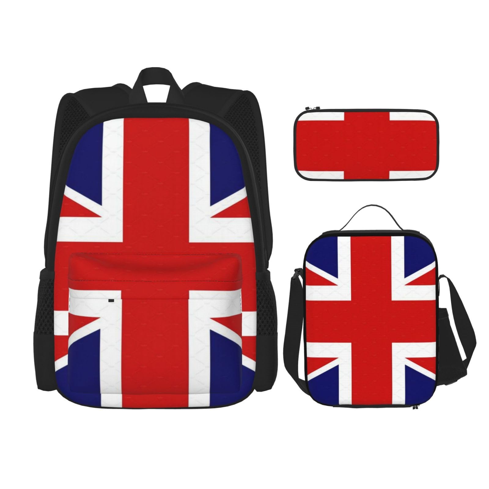 WURTON 3-in-1-Set mit englischer Flagge, lässiger verstellbarer Schulter-Rucksack, Lunch-Tasche, Federmäppchen, Beutel, Schwarz, Einheitsgröße